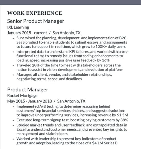 resume examples for product manager profile