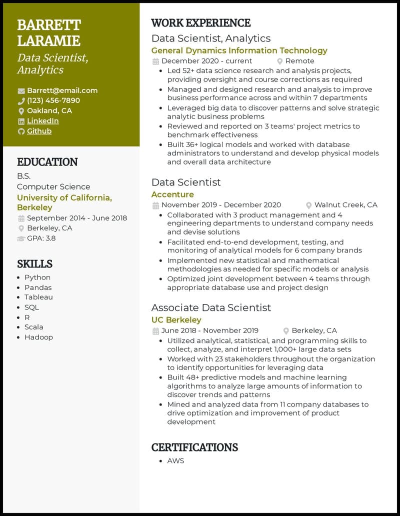 resume preparation for data scientist role